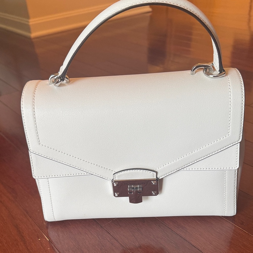 Michael Kors White Leather Top-Handle Satchel with Silver Hardware
